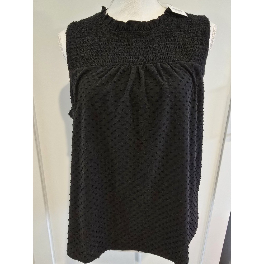 NWT J.Crew Textured Swiss Dot Ruffle Neck Sleeveless Tank Top Black Blouse Sz XL